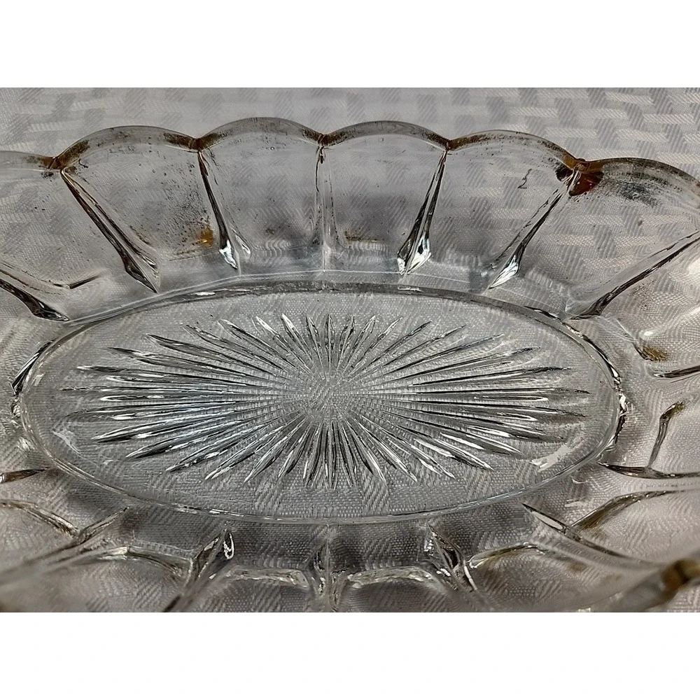 Vintage Pressed Glass Oval Relish Dish Scalloped Gold Brushed Rim Starburst Base